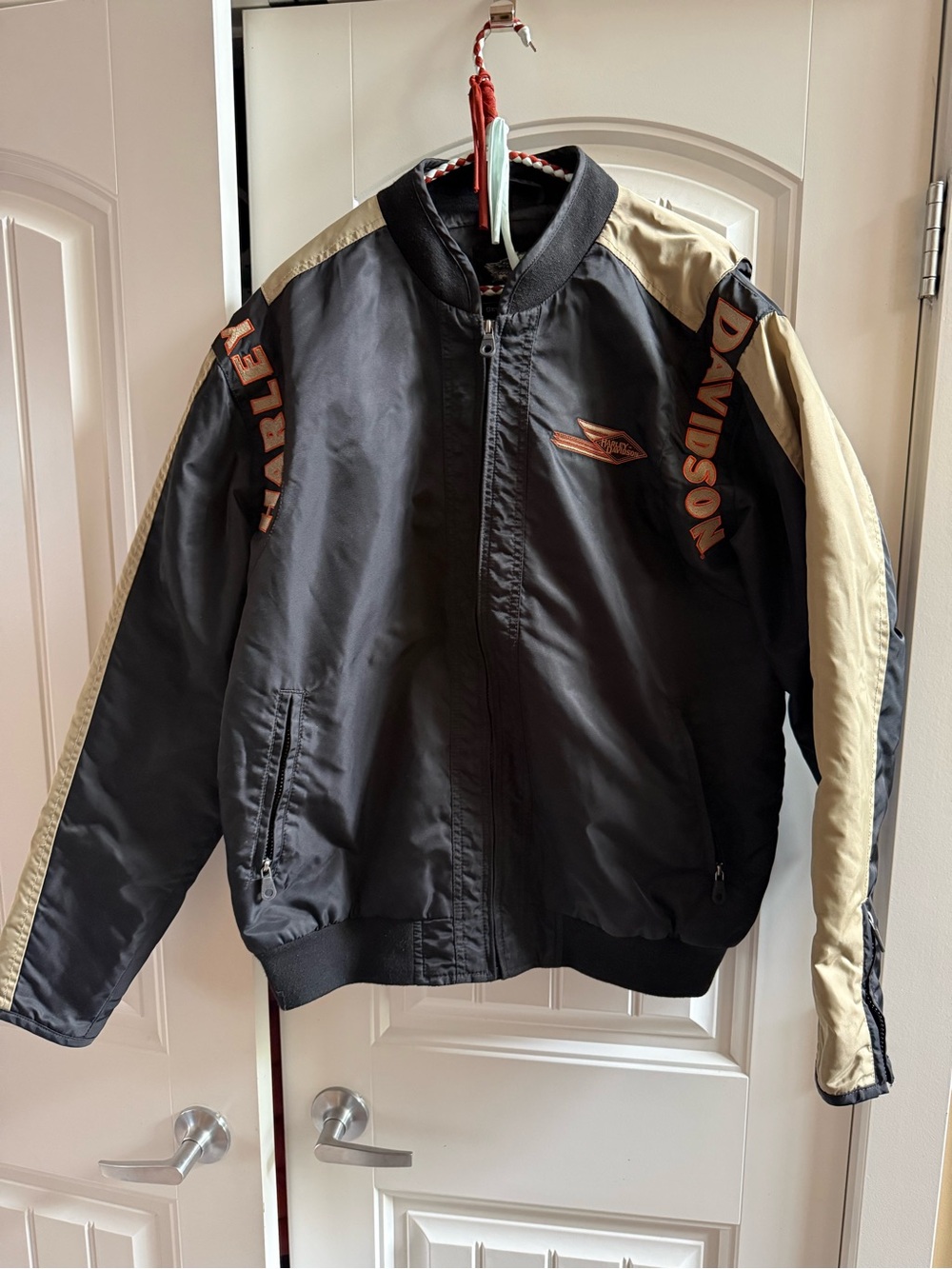 Harley-Davidson Men’s Black and Cream Racing Bomber Jacket Size Large